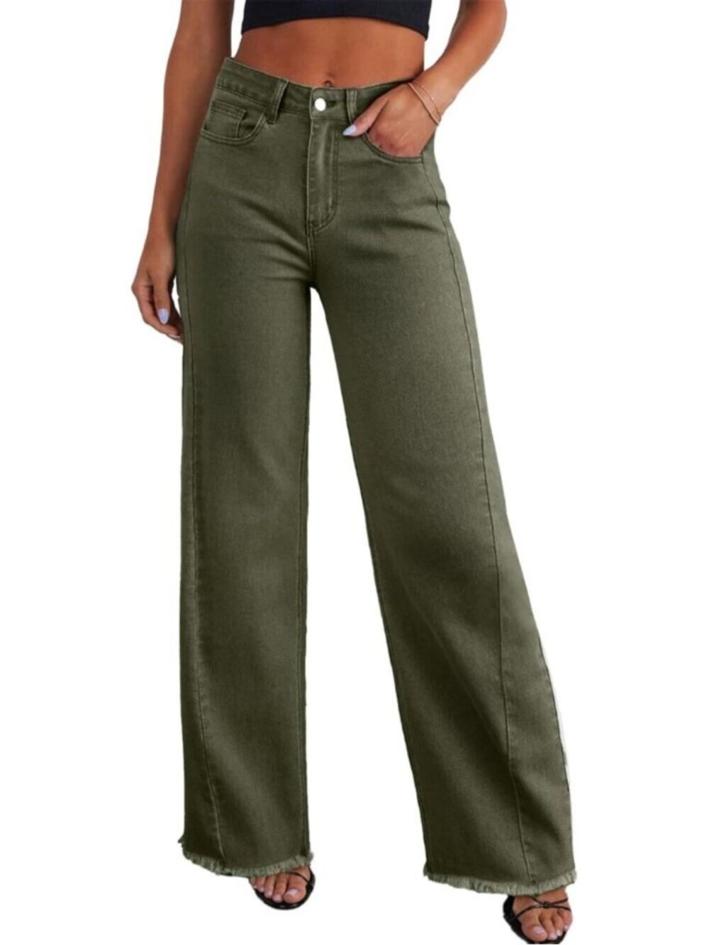 Women's Green Leg Jeans High Waisted Stretchy Length Side Seam Denim Pants